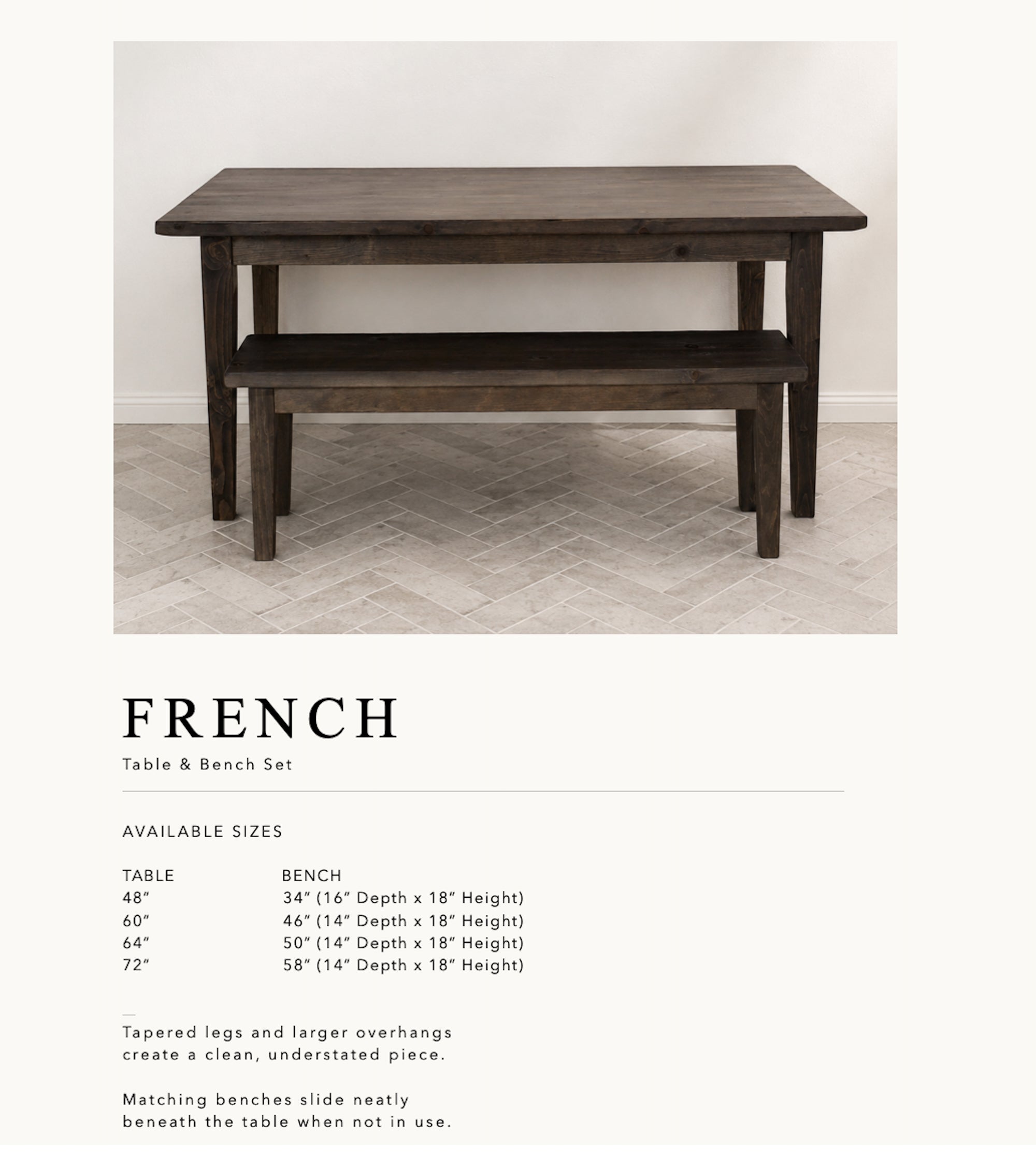 French Farmhouse Kitchen / Dining Table and Bench Set