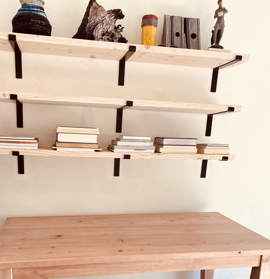 Rustic Wood Shelf with Steel Brackets, 11” D x 1 1/2” Thickness