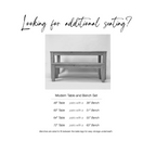 Modern Style Table and Bench set chart for bench sizes with table sizes