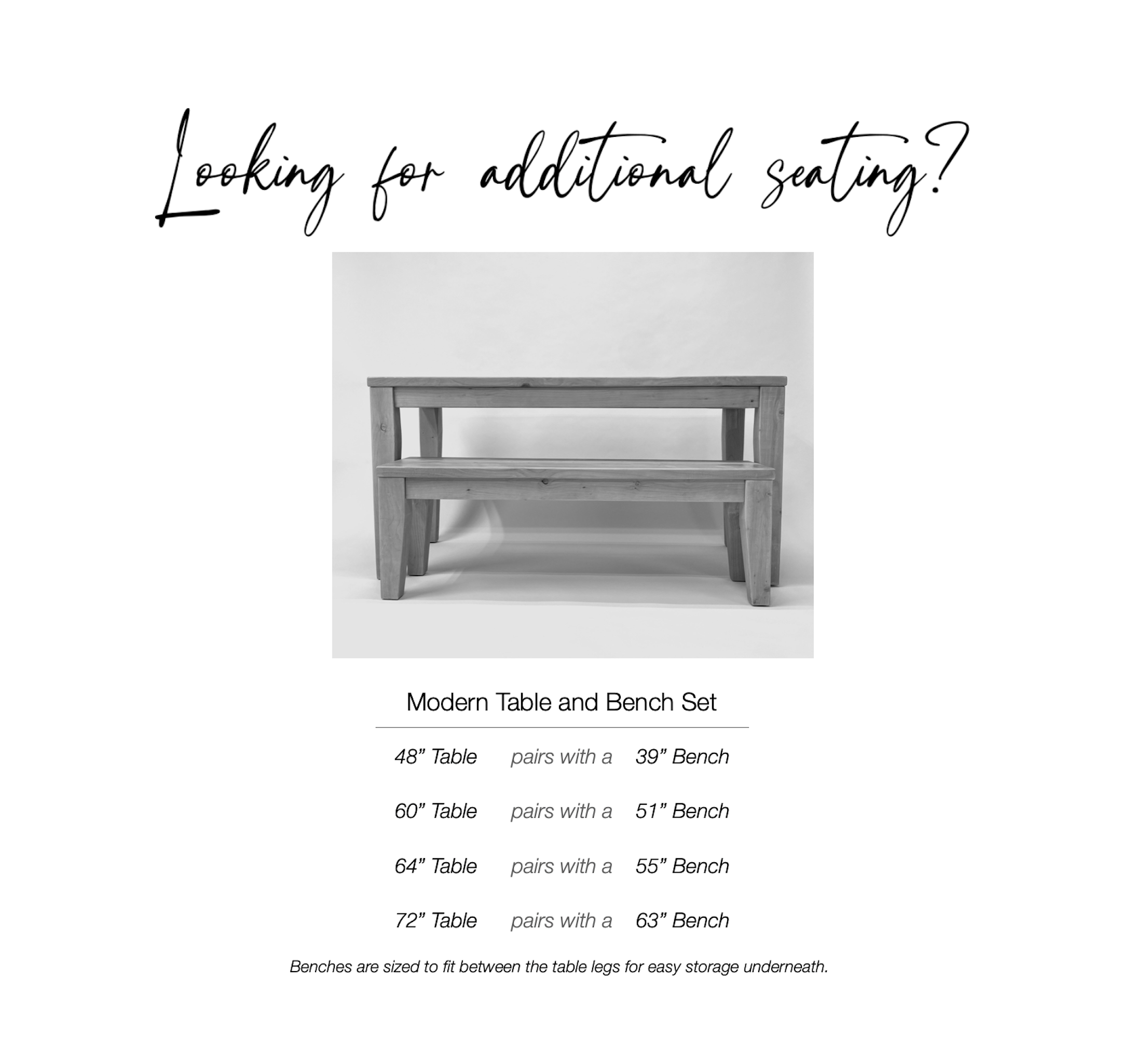 Modern Style Table and Bench set chart for bench sizes with table sizes