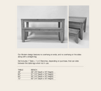 Modern style table and Bench set chart for bench sizes with table sizes