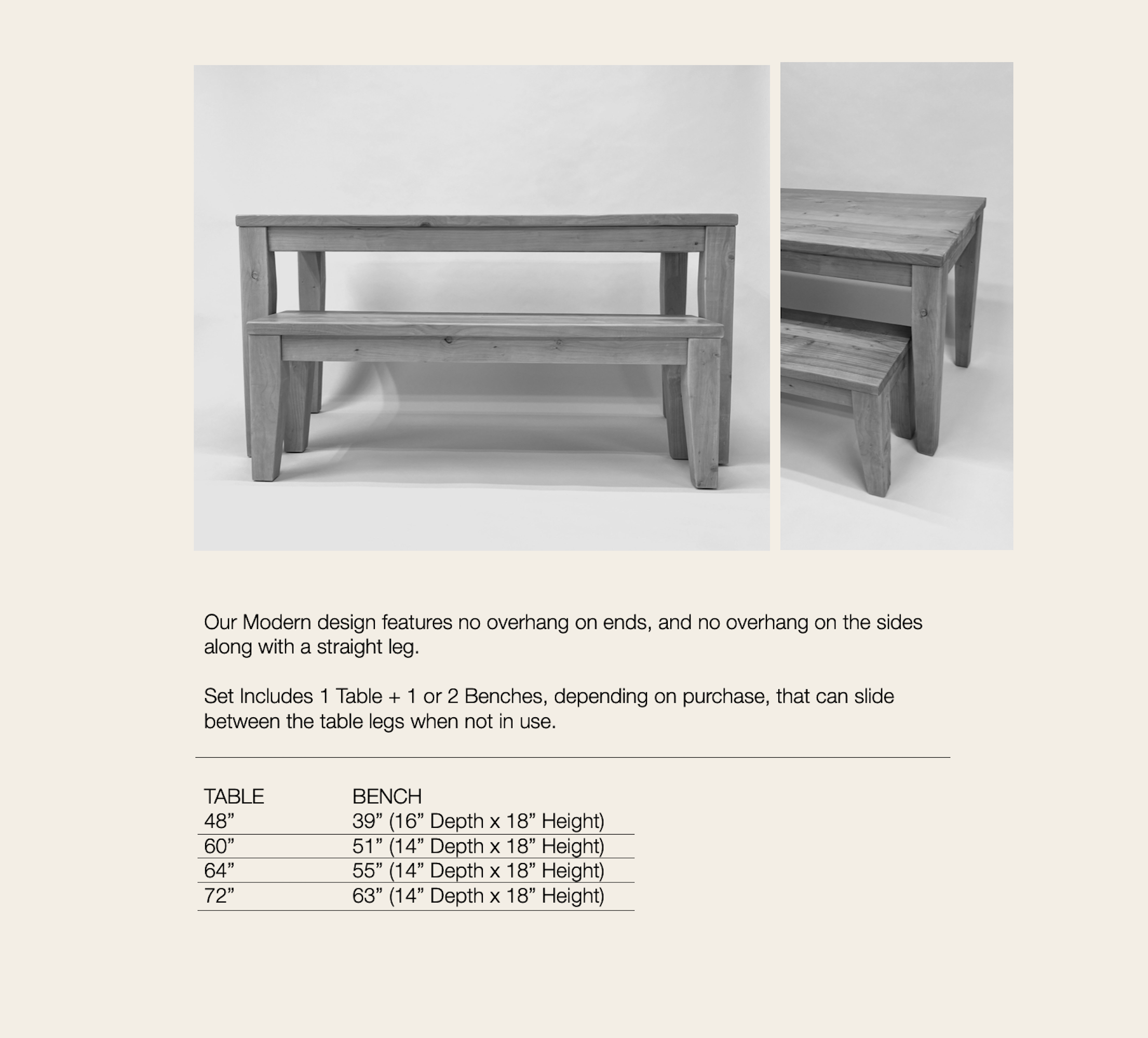 Modern style table and Bench set chart for bench sizes with table sizes