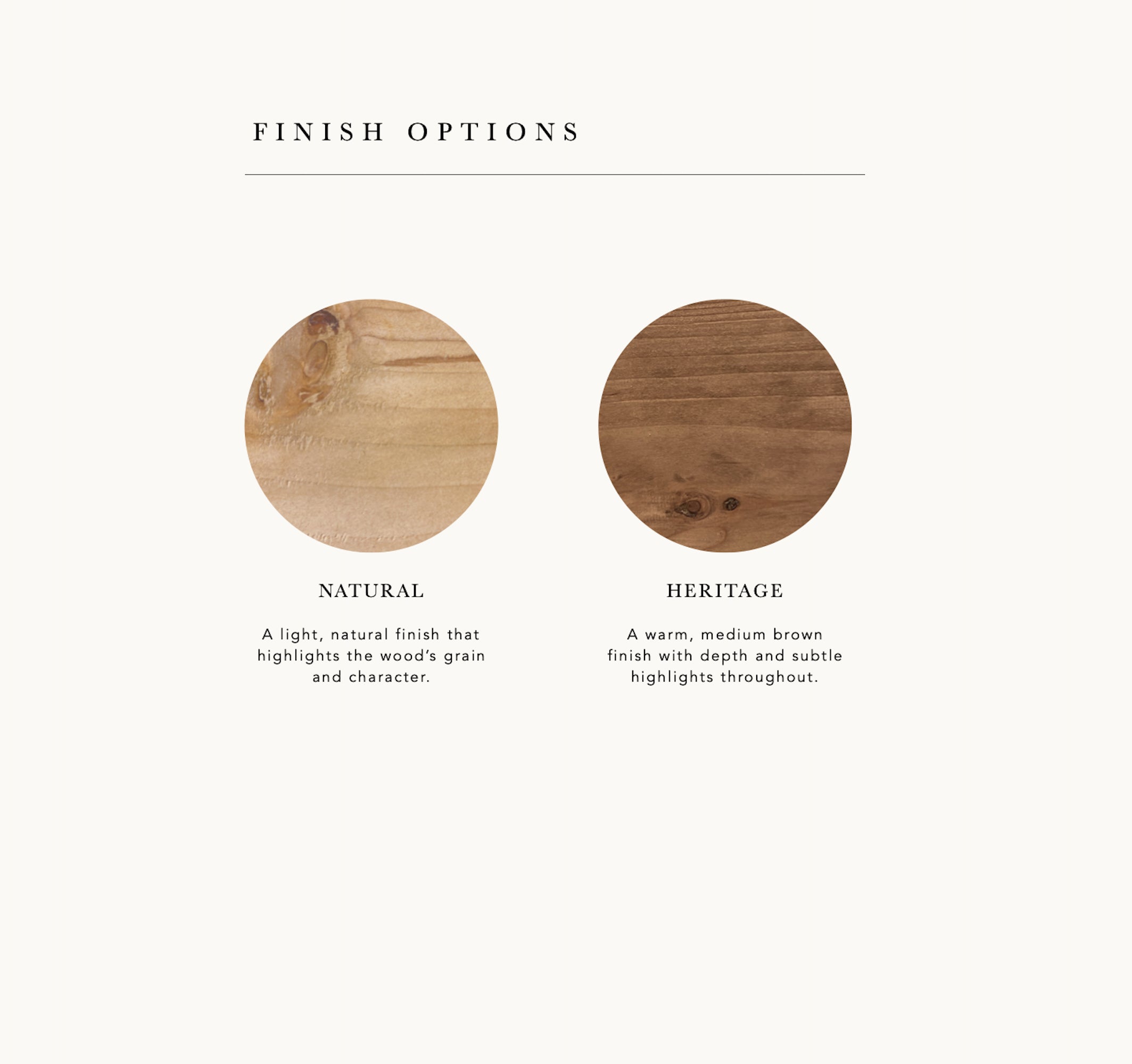 Two wooden samples labeled 'Natural' and 'Heritage' with descriptions on a white background.
