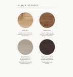 Wood finish options with circular samples labeled 'Natural', 'Heritage', 'Weathered', and 'Dark Walnut' on a white background.