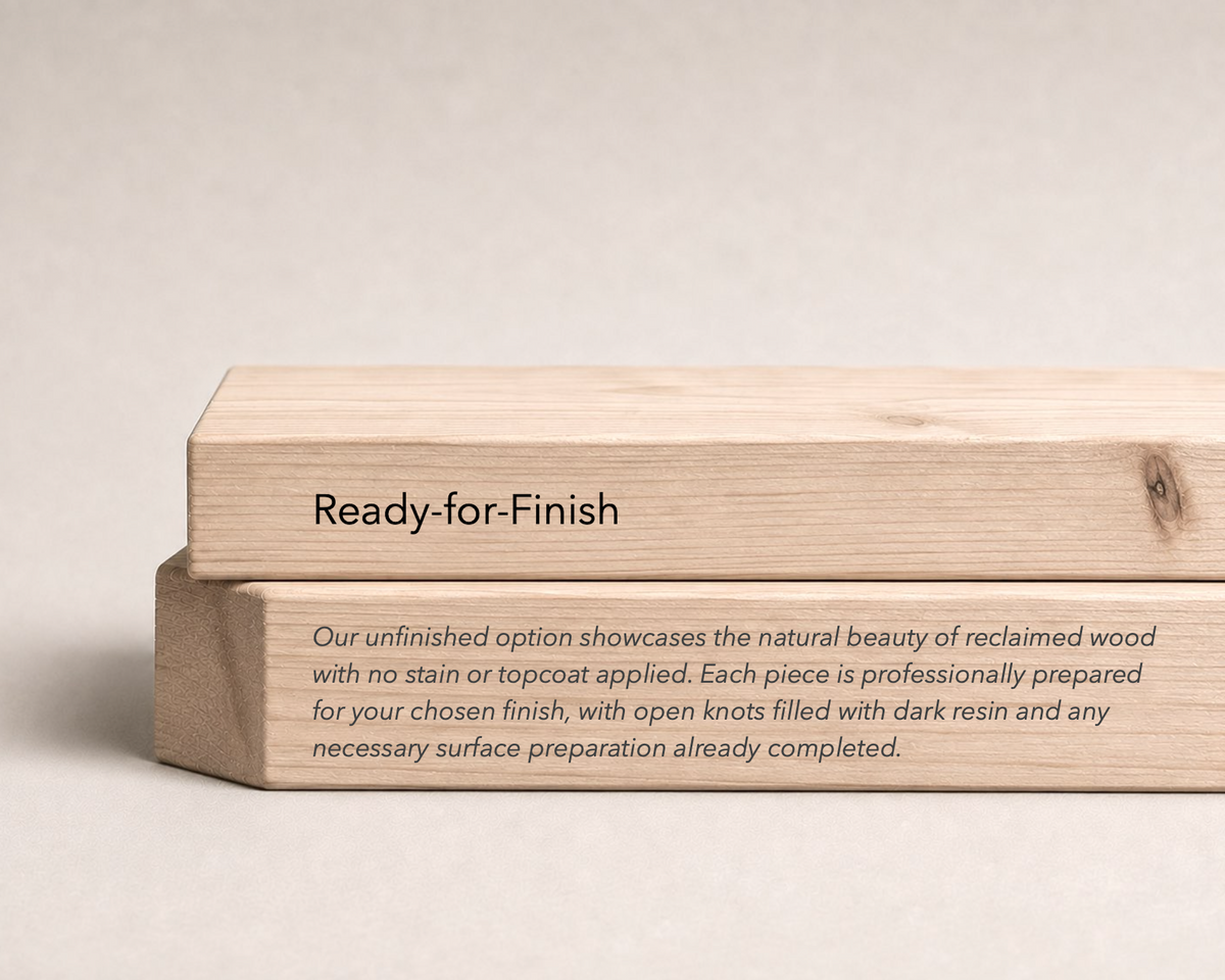 Two stacked unfinished wood blocks with engraved text on a light beige background. The top block reads 'Ready-for-Finish' and the bottom block contains descriptive text about reclaimed wood.