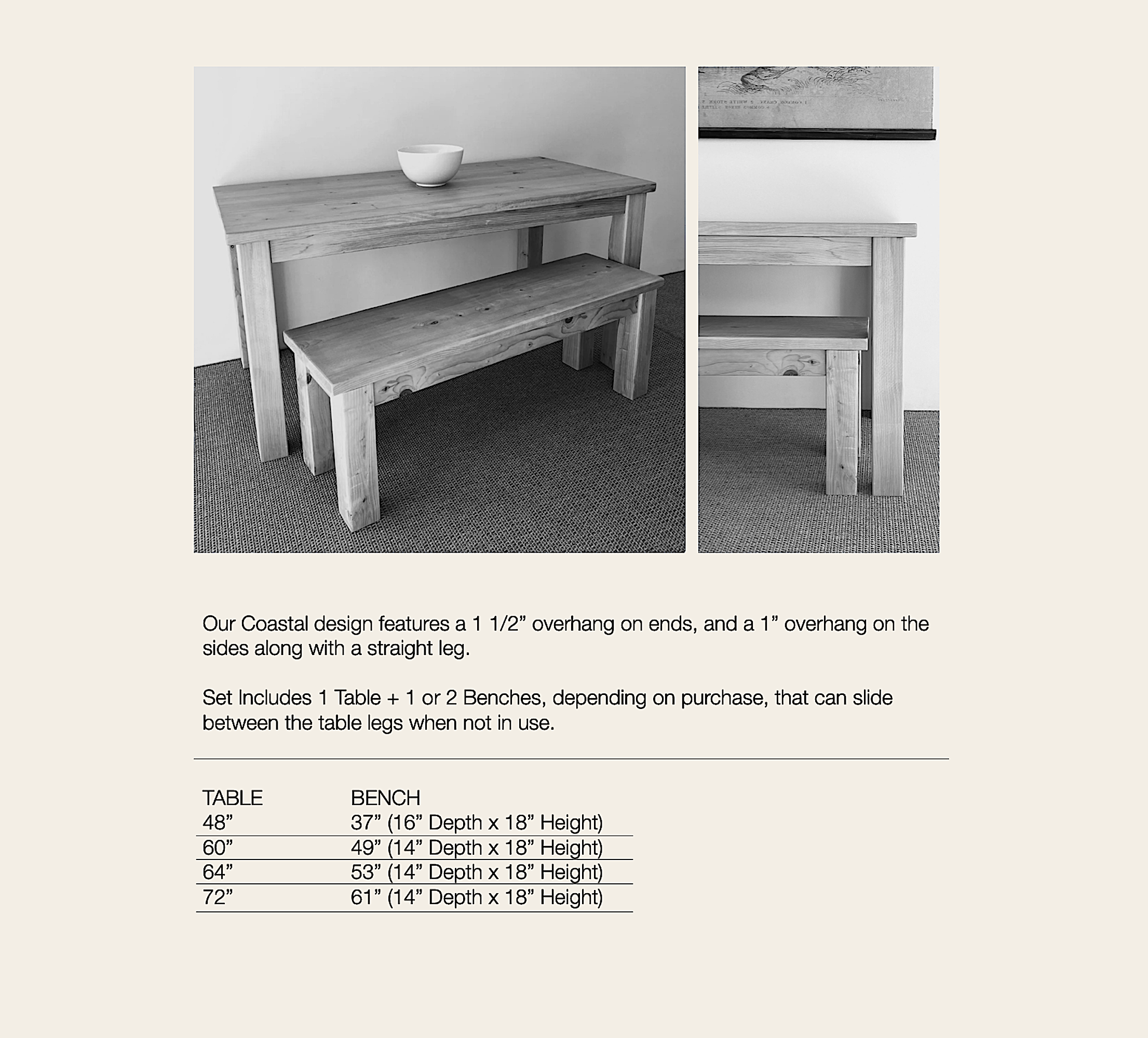 Table and Bench set chart for bench sizes paid with table sizes