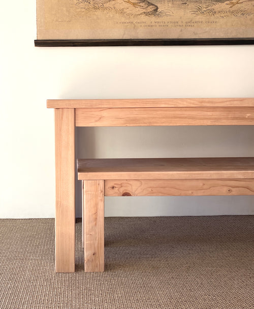 Coastal dining table and matching bench set handcrafted from solid wood