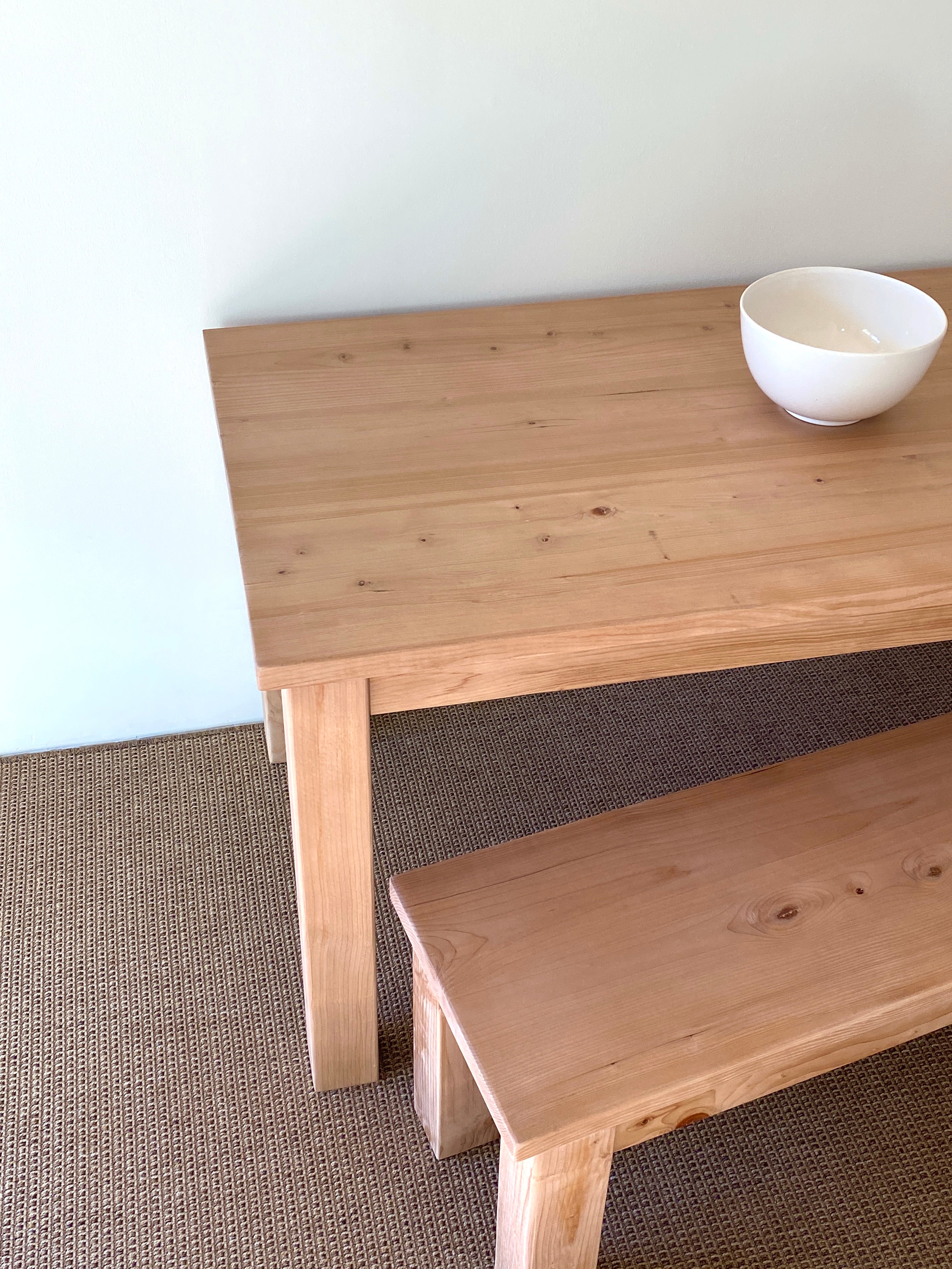 Coastal dining table and matching bench set handcrafted from solid wood