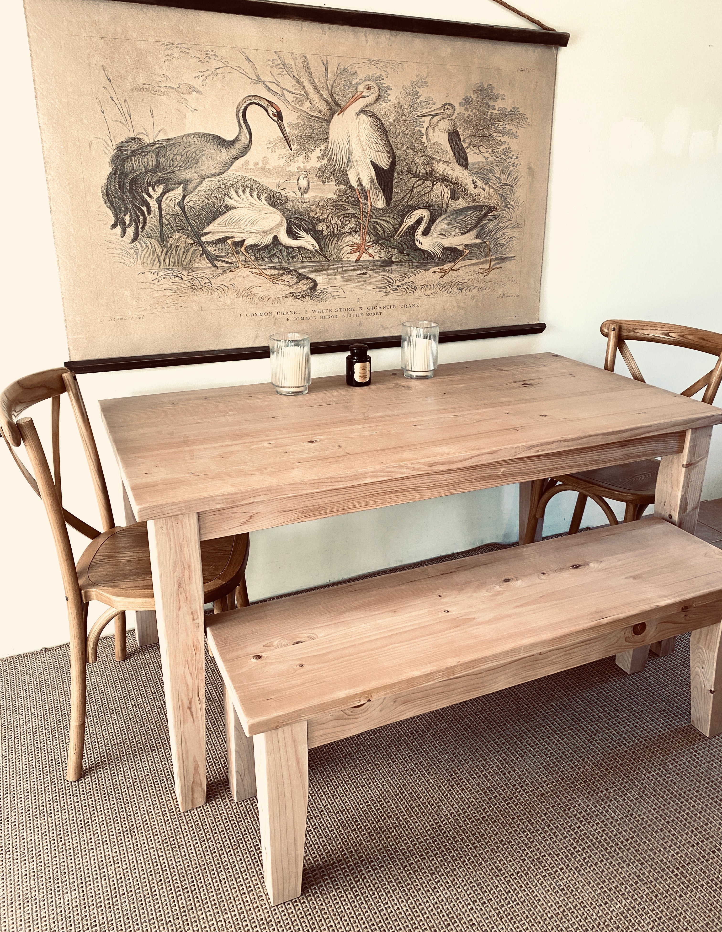 Provincial farmhouse dining table and bench set handmade from reclaimed wood