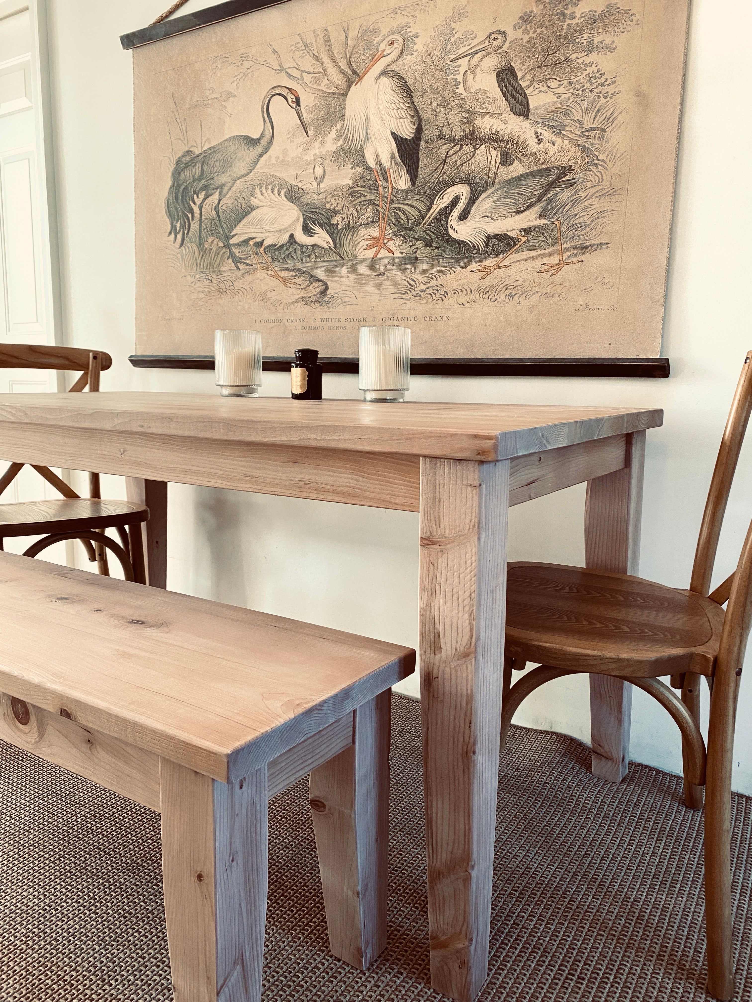 Provincial farmhouse dining table and bench set handmade from reclaimed wood