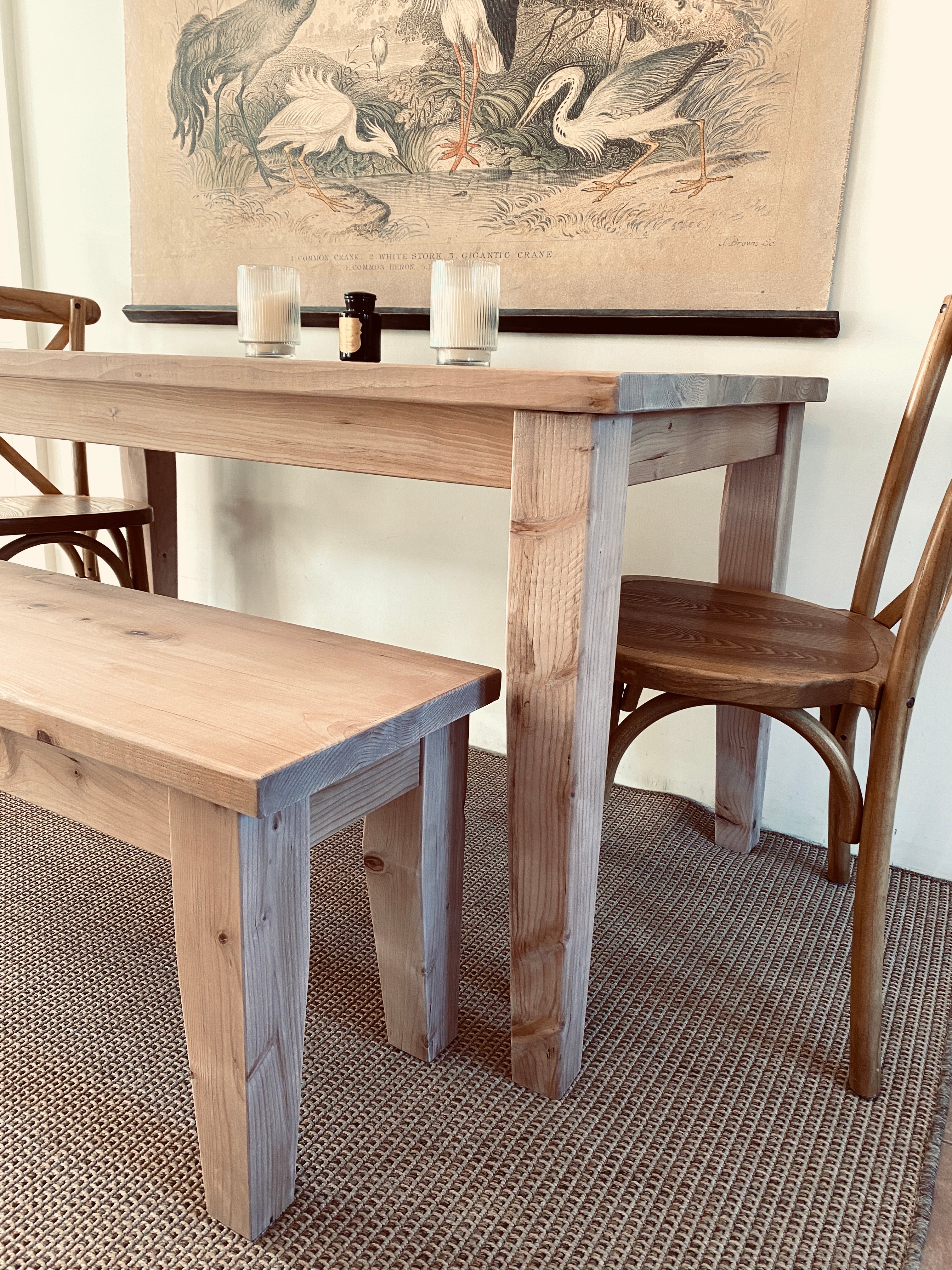 Provincial farmhouse dining table and bench set handmade from reclaimed wood