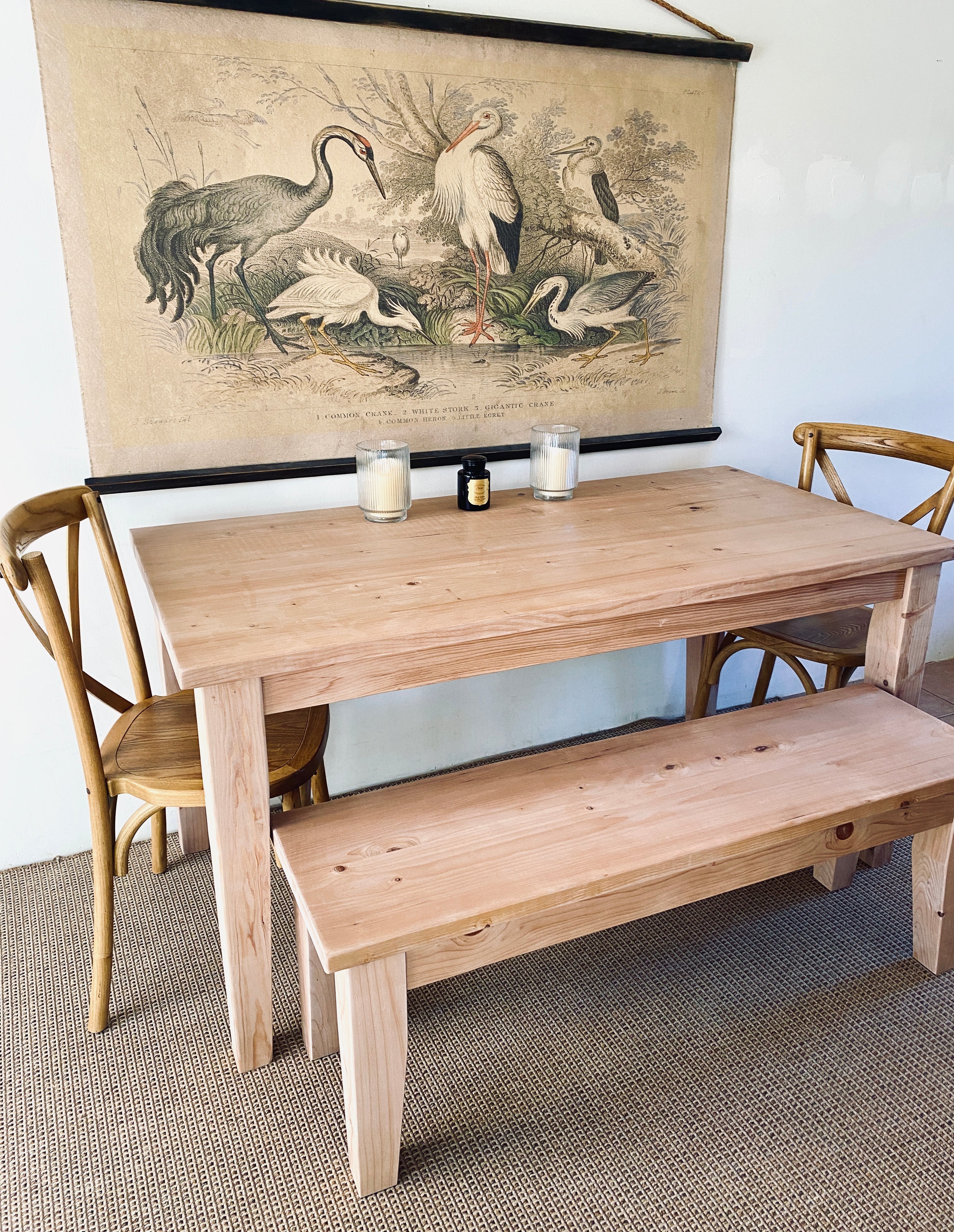 Provincial farmhouse dining table and bench set handmade from reclaimed wood